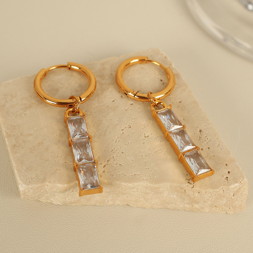 1 Pair Simple Series Classic Geometric Titanium Steel  Gold Color Zircon Women's Drop Earrings 